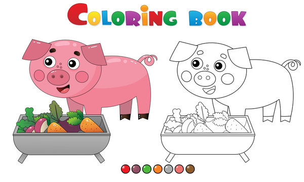 Coloring Page Outline of cartoon pig or swine with food. Farm animals. Coloring book for kids.