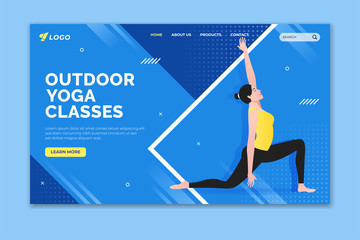 Outdoor yoga classes landing page. Woman doing low lunge (anjaneyasana) pose. Web page design for website and mobile website