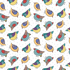 Seamless pattern with hand drawn birds in the white backdrop.