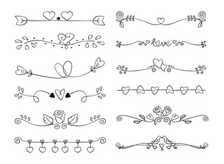 Set of heart decorative caligraphic handmade vector