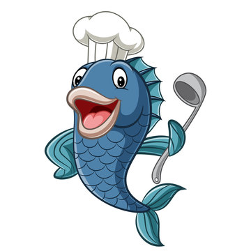 Cartoon chef fish holding a soup ladle