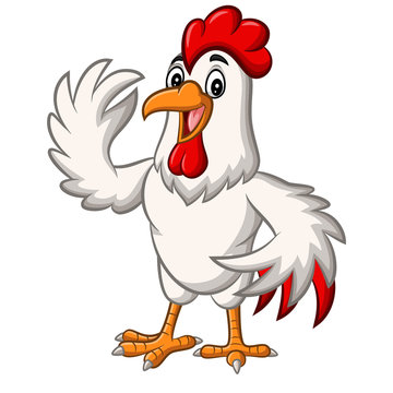 Cartoon chicken rooster mascot waving