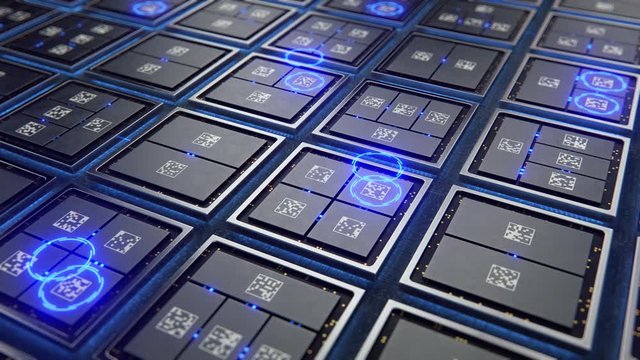 Abstract Motherboard circuit with microchips and animated electric signals, still camera 3d render 60fps