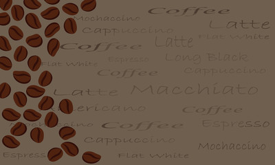 Coffee shop menu page template, space for design, scattered coffee beans vector background.