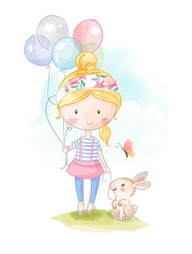 cartoon girl holding balloons and rabbit illustration