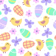 Tafelkleed Seamless pattern with cartoon eggs, birds, flowers, decor elements. Festive colorful vector for easter. hand drawing. design for fabric, wrapper, print © Ann1988