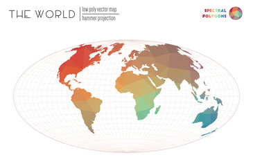 Low poly world map. Hammer projection of the world. Spectral colored polygons. Beautiful vector illustration.