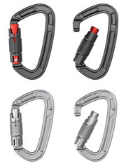 Open and closed black and metallic climbing safety carabiner - 3D illustration
