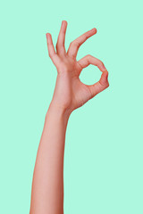 The hand shows the sign OK. Isolate on a colored background. The layout for the design.