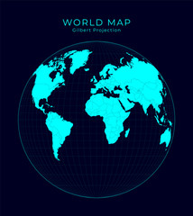Map of The World. Gilbert's two-world perspective projection. Futuristic Infographic world illustration. Bright cyan colors on dark background. Creative vector illustration.