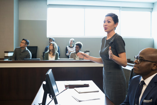 Female Prosecutor Attorney Talking In Legal Trial Courtroom