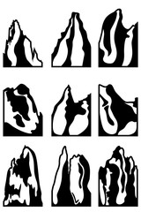 Set of nine illustrations of mountains and rocks. Icons for tourist booklets, posters, etc.