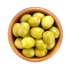  Green olives  in bowl on white background