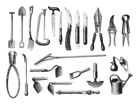 Old garden tools / vintage illustration from Brockhaus Konversations-Lexikon 1908