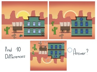 Find 10 differences. Logical children&rsquo;s game. Find the differences. West 