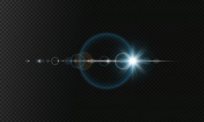 Glare effects with bokeh, glitter particles. Glowing lens flares. Vector illustration.