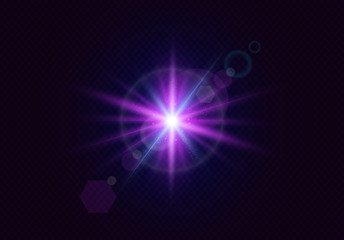 Glare effects with bokeh, glitter particles. Glowing lens flares. Vector illustration.