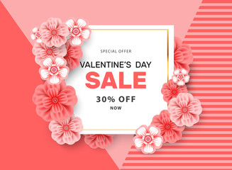 Valentines day sale background with flowers and gold frame. Modern  pink background. Invitation, posters, brochure, banners. Vector