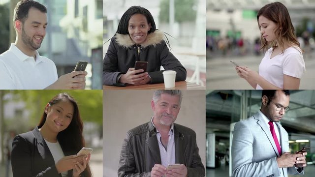 Young and mature people texting via smartphones. Split screen collage of of diverse multiracial men and women texting and browsing via cell phones. Technology concept