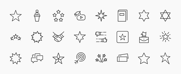 Set of Stars Vector Line Icons. Contains such Icons as Starry night, falling star, firework, twinkle, glow, glitter burst and more. Outline signs for glossy material. Editable Stroke. 32x32 Pixels.