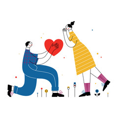 Couple having dating. Man gives woman a heart. Congratulations on Valentine day. Vector illustration in flat line style. - 316114569