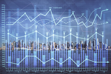 Forex graph on city view with skyscrapers background double exposure. Financial analysis concept.