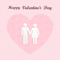 Valentines Day Men and Women happy with love jigsaw heart backdrop. Vector illustration style.