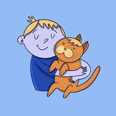 boy in a blue t-shirt hugging a cat, illustration