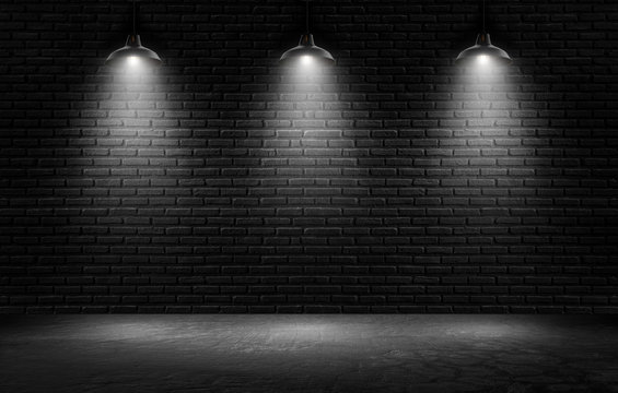 Empty black wall with spotlights background for product show with Elegant light and Cement floor. interior room with spots light.