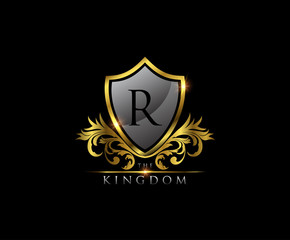 Golden R Letter Luxury Shield Logo Design
