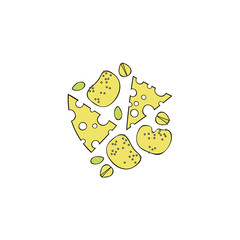 Cheese. Cheese slices. Pistachio nuts. Crisps. Cartoon food. Isolated vector objects on a white background.