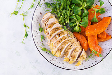 Chicken fillet with baked pumpkin and corn salad. Healthy food, ketogenic diet, diet lunch concept. Keto/Paleo diet menu. Top view, flat lay, copy space