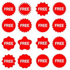  Free vector icons set. Red badge sticker illustration sign collection. Promotion and advertising.