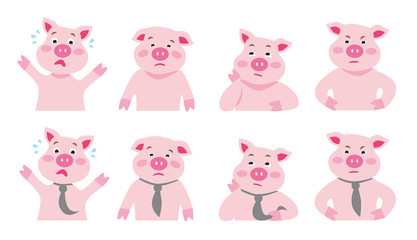 Isolierte Vektorgrafik Illustration, emotionales launisches Cartoon Tier, kleines Schwein ängstlich, traurig, nachdenklich, wütend