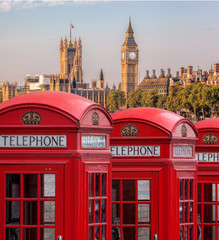 Fototapeta premium London symbols with BIG BEN and Red Phone Booths in England, UK