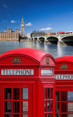 London symbols with BIG BEN, DOUBLE DECKER BUSES and Red Phone Booths in England, UK