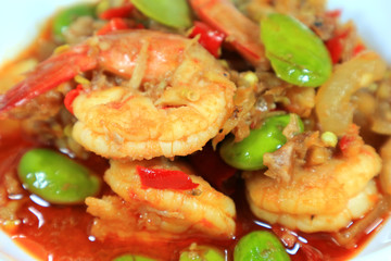 Closeup Hot and Spicy Thai Southern Region Dish of Stir Fried Parkia Nuts with Shrimps