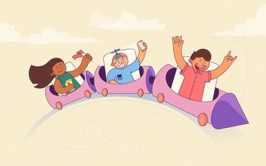 Excited children riding a roller coaster. Summer holidays and events. Amusement park special offers and discounts.