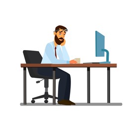 Fototapeta premium Overwork, office routine, depressed corporate employee sitting in a chair. A Tired Person Works Overtime.