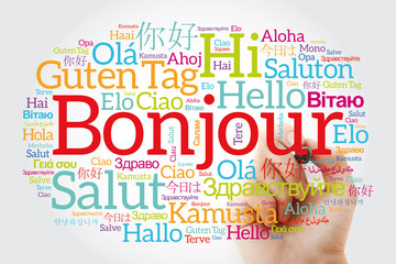 Bonjour (Hello Greeting in French) word cloud in different languages of the world with marker, background concept © dizain