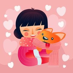 Happy Valentine's Day with hug girl and dog, Valentines Day background girl and animal friendship, Valentine card and poster