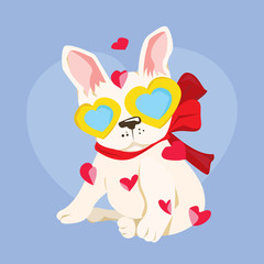 Happy Valentine's Day with cute french bulldog in heart glasses, Valentines Day background with puppy bulldog, Valentine card and poster
