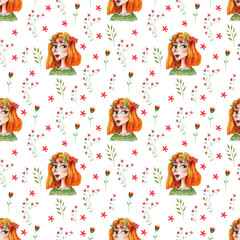 Red-haired girl red flowers illustration seamless pattern on a white background drawn with colored pencils