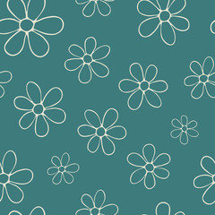 Floral seamless pattern with flat line icons of daisy chains. Flower background beautiful garden chamomile plant. Blue white color texture for kids fabric.