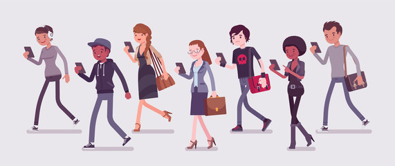 Fototapeta na wymiar Zombie walking people, distracted pedestrians addicted to smartphone. Diverse group of peoples without attention to surroundings, focused upon phone app or talk. Vector flat style cartoon illustration