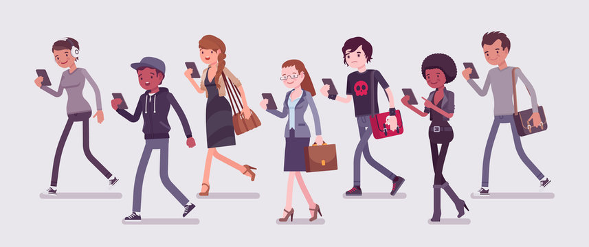 Zombie walking people, distracted pedestrians addicted to smartphone. Diverse group of peoples without attention to surroundings, focused upon phone app or talk. Vector flat style cartoon illustration