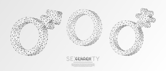 Asexuality or Intersex, Transgender, Genderqueer symbol set. Wireframe, digital 3d vector illustration. Low poly men and women concept on white origami background. Abstract polygonal neon LGBT sign