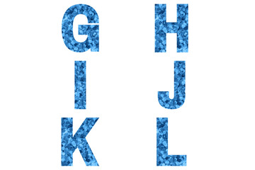 Confetti font Alphabet g, h, i, j, k, l made of blue confetti background. Festive Alphabet.
