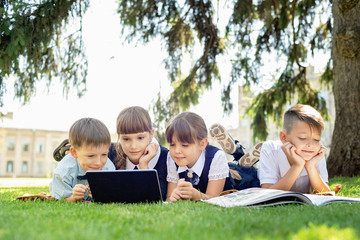Fototapeta premium Group Of Elementary School Children Working Together on nature at park doing homework on laptop