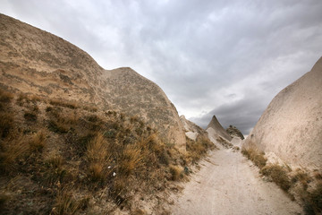 Unusual rocks of volcanic rock in the Sabel Valley (Kilichlar) near the village of Goreme in the Cappadocia region in Turkey.